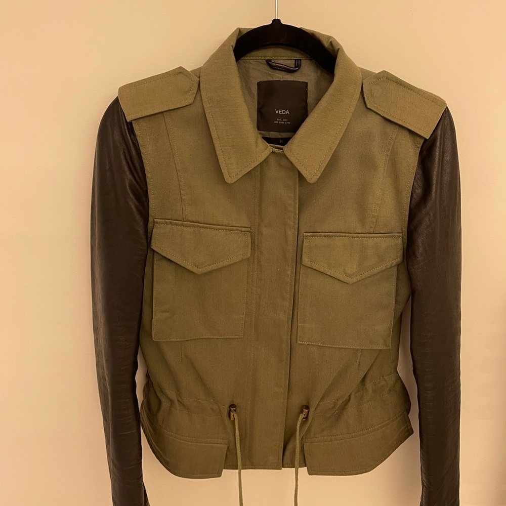 VEDA Military/Leather Jacket, Black & Hunter Green, Size M